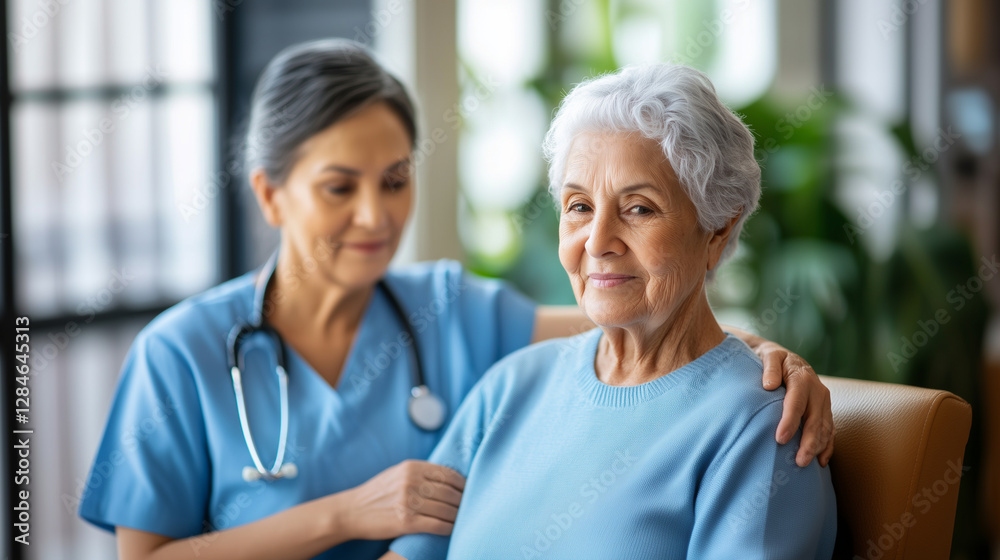 A professional nurse or caregiver offers reassuring support to an elderly woman sitting comfortably in a chair. With a gentle touch on her shoulders, the nurse embodies empathy, de A professional nurse or caregiver offers reassuring support to an elderly woman sitting comfortably in a chair. With a gentle touch on her shoulders, the nurse embodies empathy, de