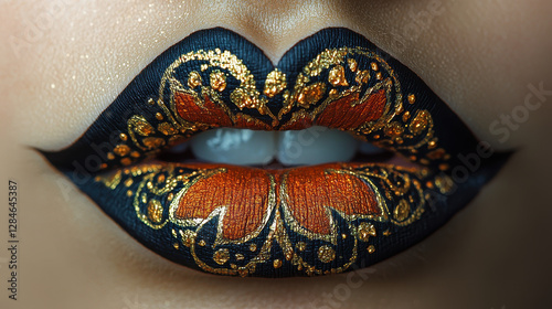 Model showcases bold avant-garde beauty with metallic gold and henna patterns on lips, highlighting intricate details in a striking close-up
