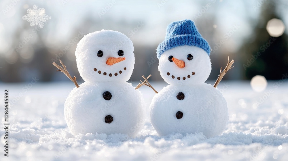 Two snowmen holding hands in snowy landscape, winter Two snowmen holding hands in snowy landscape, winter