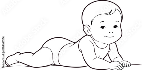 Line Art of Baby Lying on Stomach, Lifting Head - Vector Design