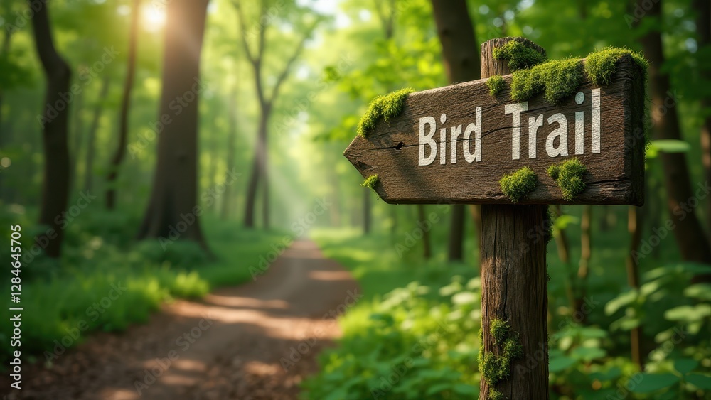 Bird trail signs, A wooden bird trail sign covered in moss under dappled sunlight in a lush forest front view photorealistic Bird trail signs, A wooden bird trail sign covered in moss under dappled sunlight in a lush forest front view photorealistic
