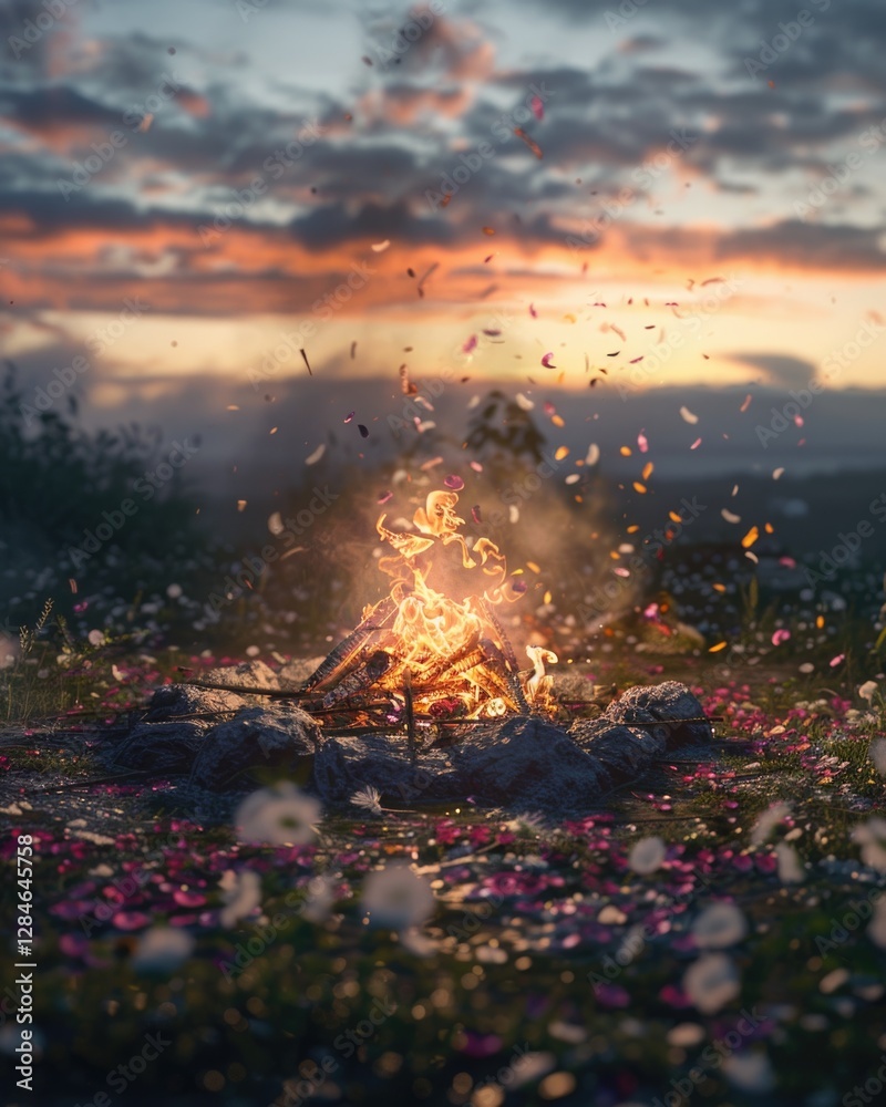 Fototapeta premium Enchanting beltane bonfire celebration in dusk meadow setting