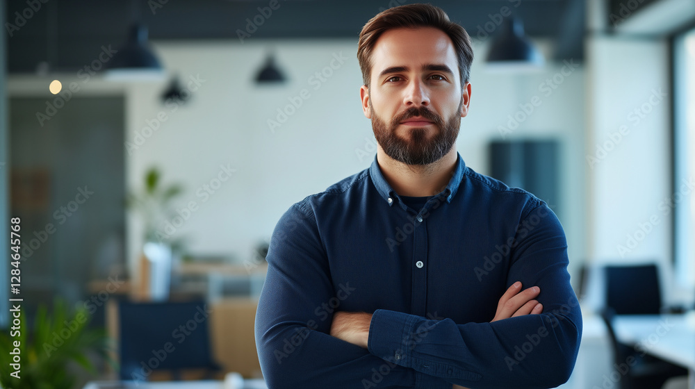 Fototapeta premium A handsome millennial man with a neat beard, dressed in casual business wear, posing for a serious headshot in an office setting. He stands confidently, looking directly at the cam