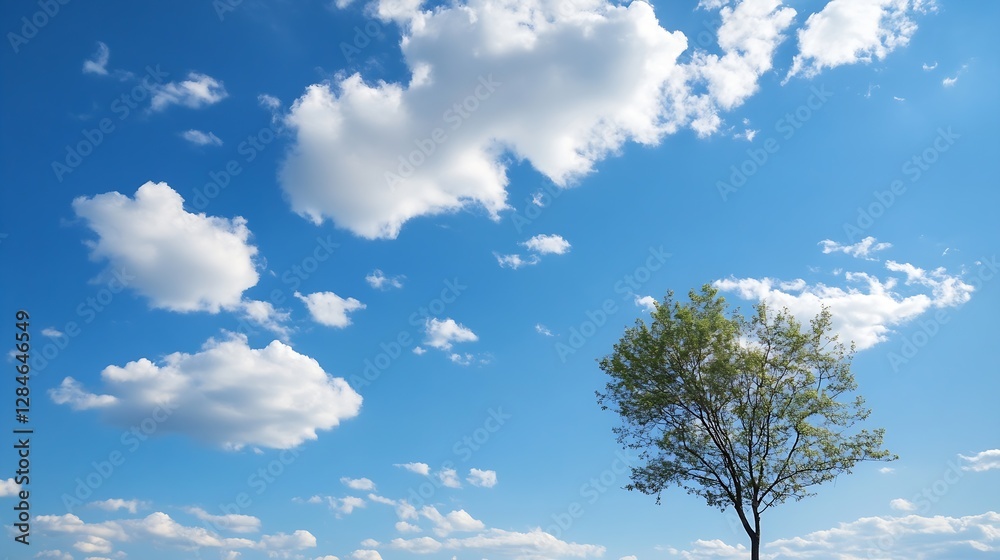 Obraz premium Solitary tree standing against a blue sky filled with fluffy clouds in an open field : Generative AI