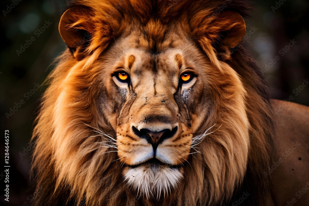 Majestic lion with striking mane gazes intensely at the observer in a natural habitat setting during golden hour Majestic lion with striking mane gazes intensely at the observer in a natural habitat setting during golden hour