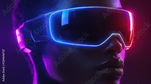 Futuristic fashion model showcases avant-garde outfit with glowing fabric and cybernetic accessories in vibrant neon hues