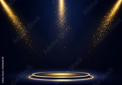 Dark blue stage with golden spotlight. Glitter particles. Abstract award ceremony design. Elegant, glamorous background. Suitable for various events. Stage podium. Great for music, theatre, dance
