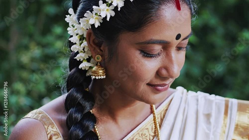 South Indian woman with jasmine flowers in braided hair wearing a white and gold saree outdoors.