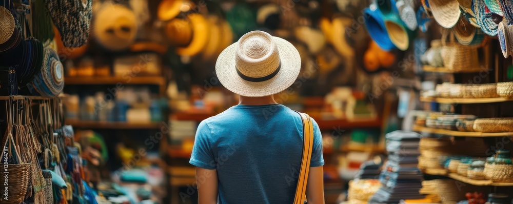 Fototapeta premium Young asian male exploring vibrant market in blue shirt and straw hat