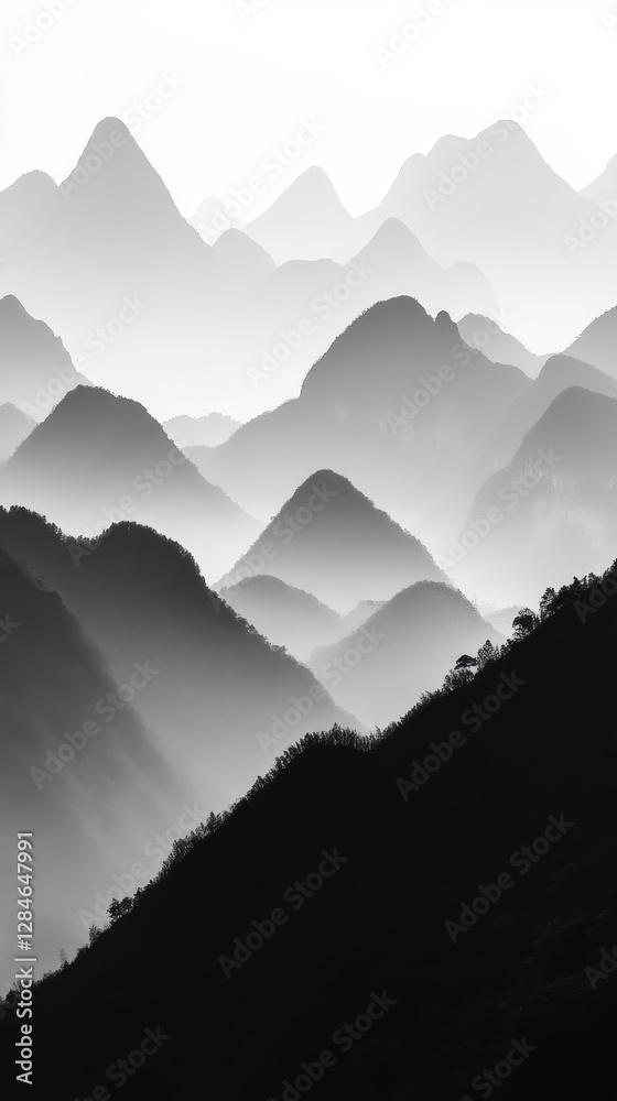 Fototapeta premium Mountains Rise in a Serene Landscape Under Soft Light During Early Morning Hours Showcasing Layers of Peaks and Valleys Across the Horizon