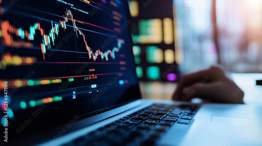 Dynamic stock market trading screen displaying fluctuating charts and data analysis from a laptop in a modern workspace environment : Generative AI