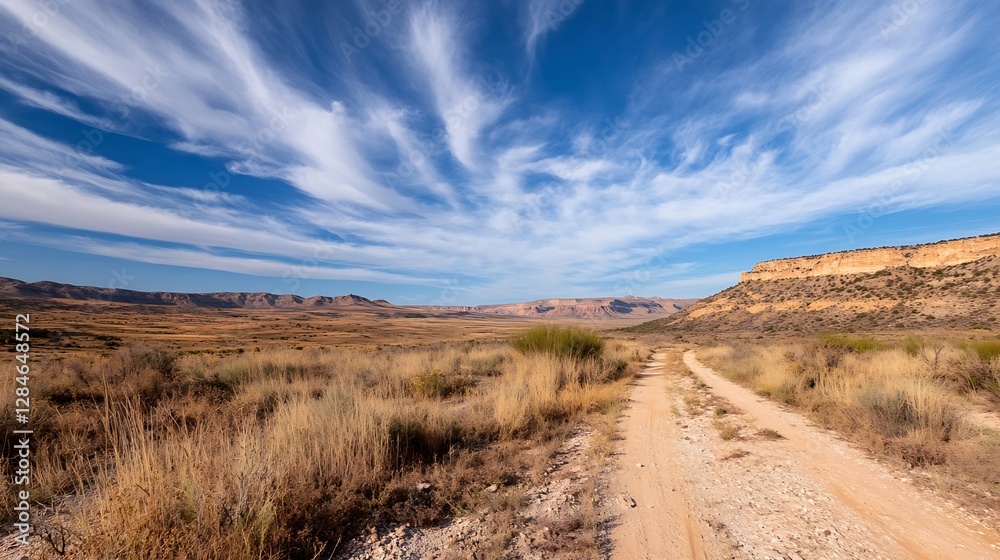 Vast desert landscape with dirt road winding through grasslands under a stunning blue sky filled with clouds : Generative AI Vast desert landscape with dirt road winding through grasslands under a stunning blue sky filled with clouds : Generative AI