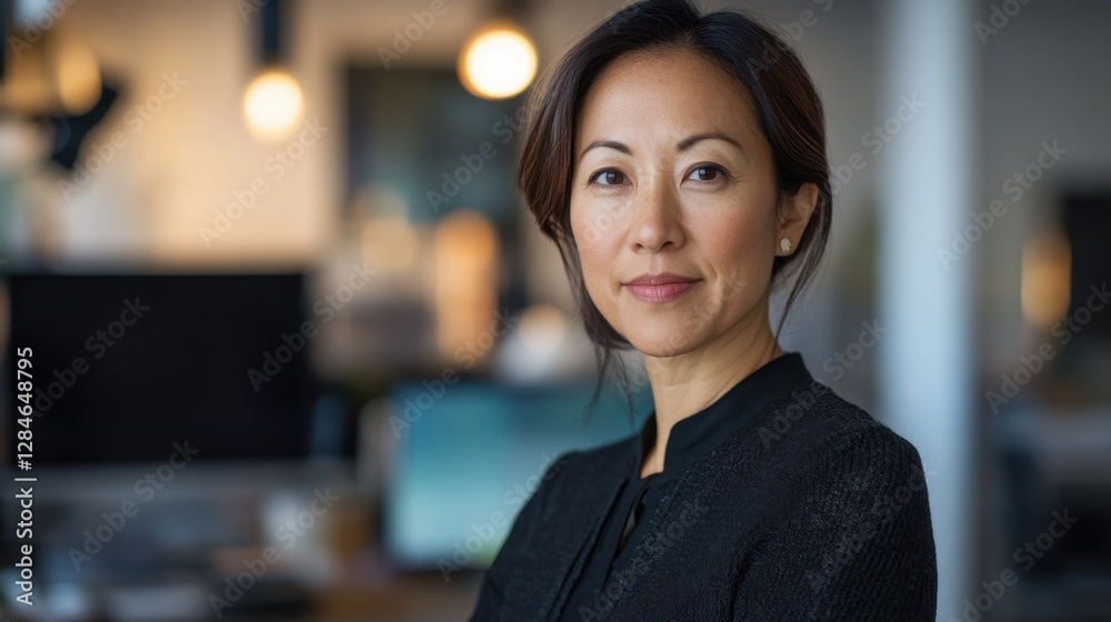 A confident middle-aged Asian female software engineer poses in a modern office, embodying professionalism and dedication in her career. Perfect for business themes. A confident middle-aged Asian female software engineer poses in a modern office, embodying professionalism and dedication in her career. Perfect for business themes.