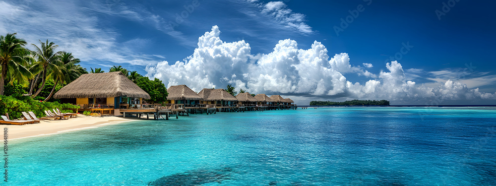 Obraz premium A stunning tropical beach with crystal clear turquoise waters, palm trees swaying in the breeze, and thatched-roof bungalows over the water 