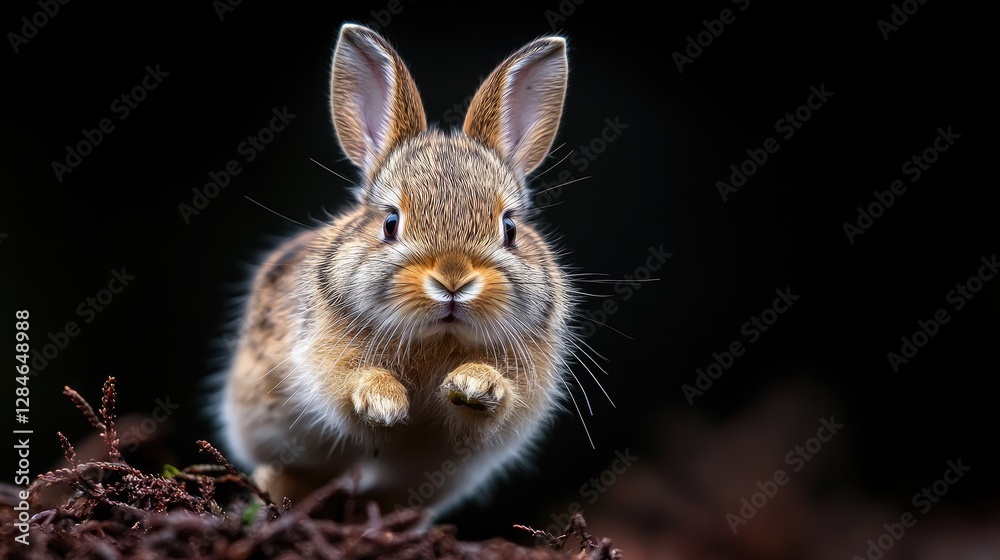 Cute rabbit leaping, dark background, forest floor. Easter, pet Cute rabbit leaping, dark background, forest floor. Easter, pet