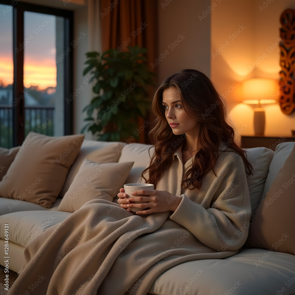 Beautiful Stylish Woman Relaxing on a Sofa with Coffee, a Cozy Blanket, and Sunset Light Beautiful Stylish Woman Relaxing on a Sofa with Coffee, a Cozy Blanket, and Sunset Light