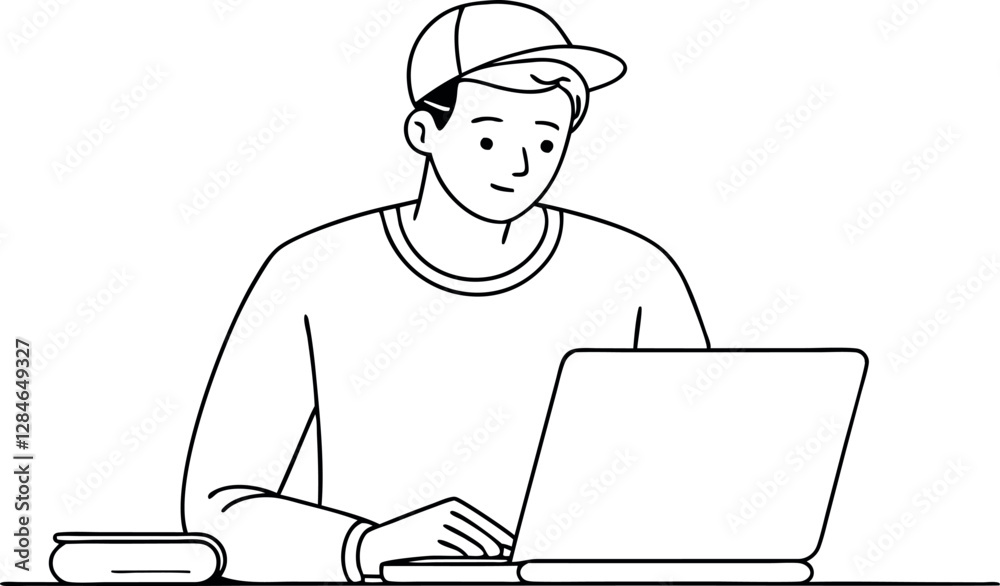 Simple Line Drawing of Student Working on Laptop Simple Line Drawing of Student Working on Laptop