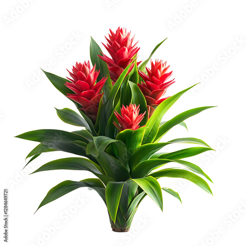 A Tropical Bromeliad Plant with Bright Red Flowers Isolated on Transparent Background photo