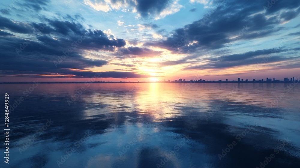 Obraz premium Stunning sunset over tranquil waters with dramatic clouds reflecting vibrant colors in the sky : Generative AI