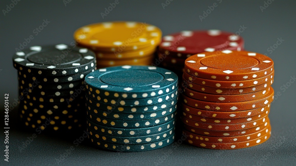 Poker chips stacks on a dark gray table; gambling, casino, game Poker chips stacks on a dark gray table; gambling, casino, game