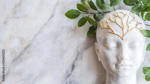 A serene marble sculpture of a calm figure adorned with natureinspired gold accents surrounded by lush greenery : Generative AI photo