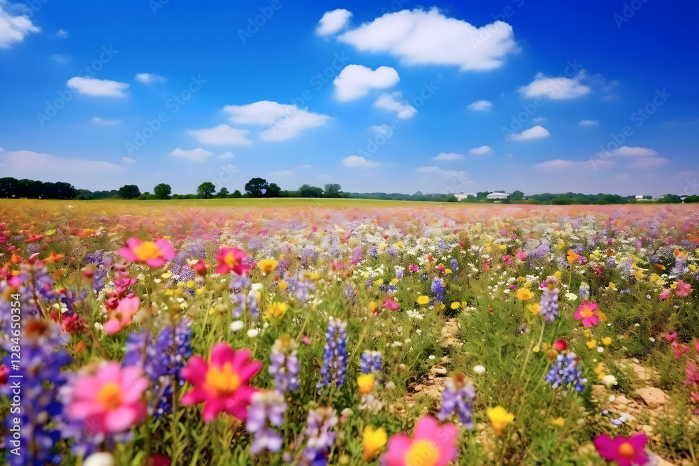 Vibrant wildflowers bloom in a sprawling field under a clear blue sky during a sunny day in spring Vibrant wildflowers bloom in a sprawling field under a clear blue sky during a sunny day in spring