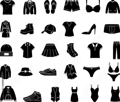 Black Clothes Set. Vector Illustrations T-shirt, Pants, Sneakers, Suit, Jacket, Socks, Pajamas, Shorts, Dress, Skirt, Cap, Coat, Boots, Bra, Panties, and Others