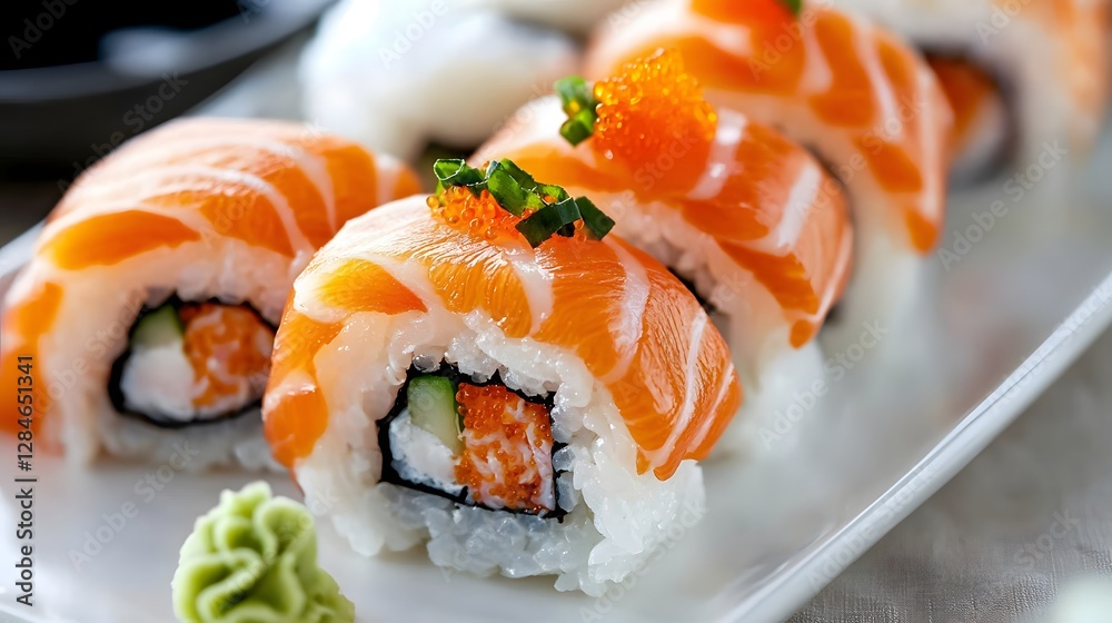 Sushi Rolls with Salmon and Caviar on White Plate – Close-Up of Fresh Sashimi Roll