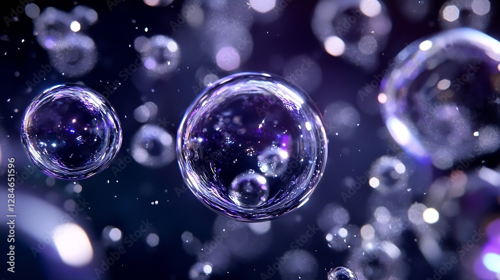 Naklejka premium Colorful floating bubbles glimmering in the dark with a blurred sparkling background : Generative AI