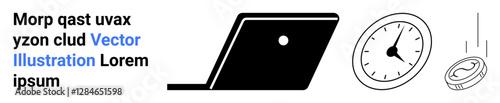 Laptop, clock, and falling coin suggesting time management, efficiency, and financial focus. Ideal for productivity, deadlines, success, financial performance planning multitasking abstract line