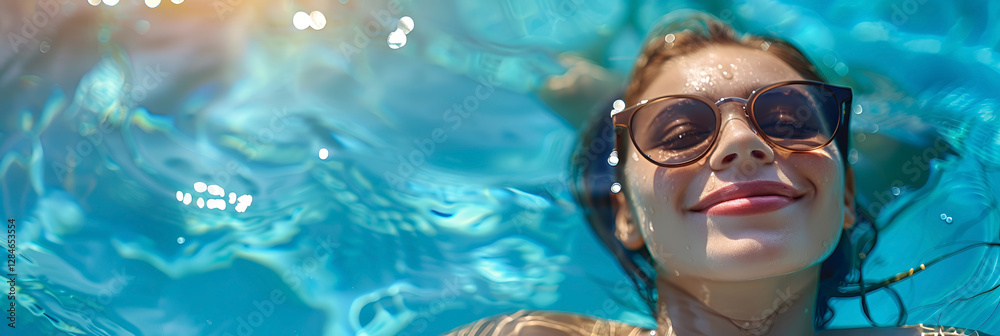 Naklejka premium Smiling woman in sunglasses floating in blue water. Happy summer vacation lifestyle. Relax and carefree leisure. Advertising banner.