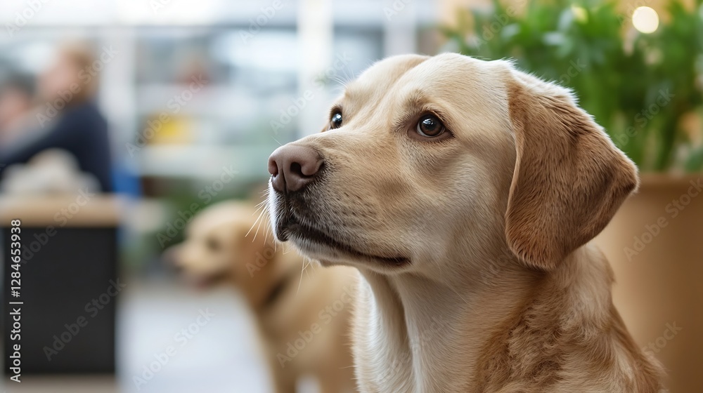 A closeup portrait of a golden Labrador dog with a curious expression in a cozy indoors setting : Generative AI A closeup portrait of a golden Labrador dog with a curious expression in a cozy indoors setting : Generative AI