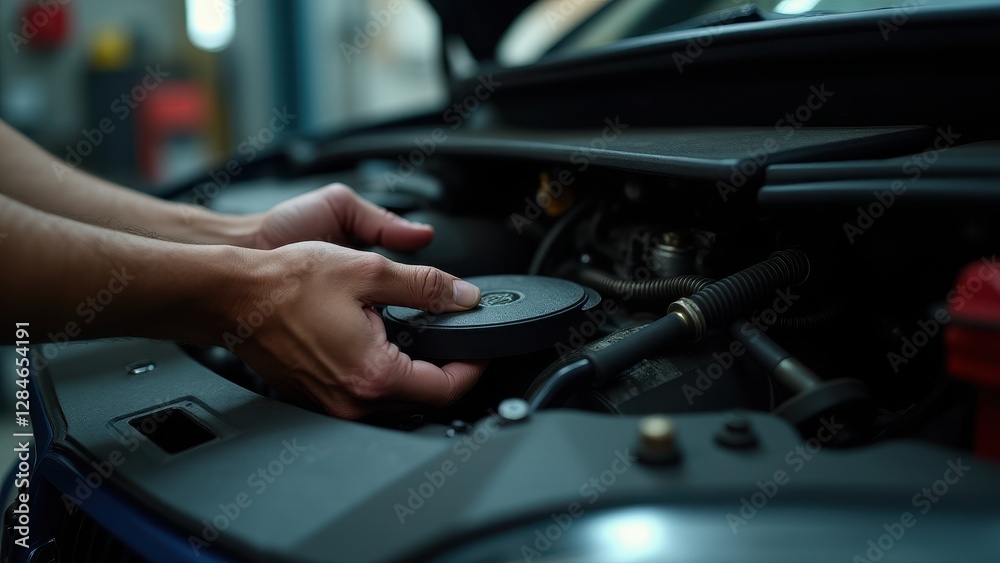 Brake adjustment, Close-up of a mechanic adjusting a brake pad under the hood garage setting artificial light hyper-realistic Brake adjustment, Close-up of a mechanic adjusting a brake pad under the hood garage setting artificial light hyper-realistic