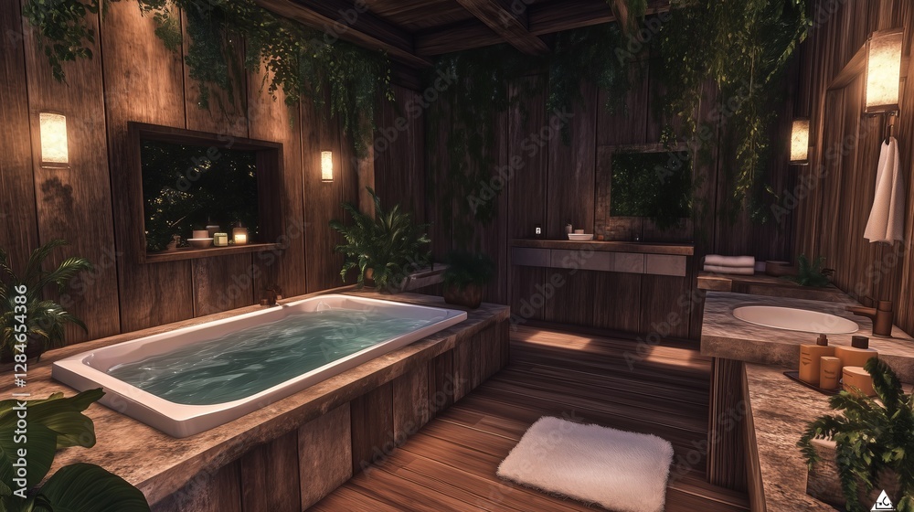 Fototapeta premium Luxury spa-style bathroom with a deep soaking tub, soft warm lighting, marble countertops, and wooden textures, relaxing atmosphere