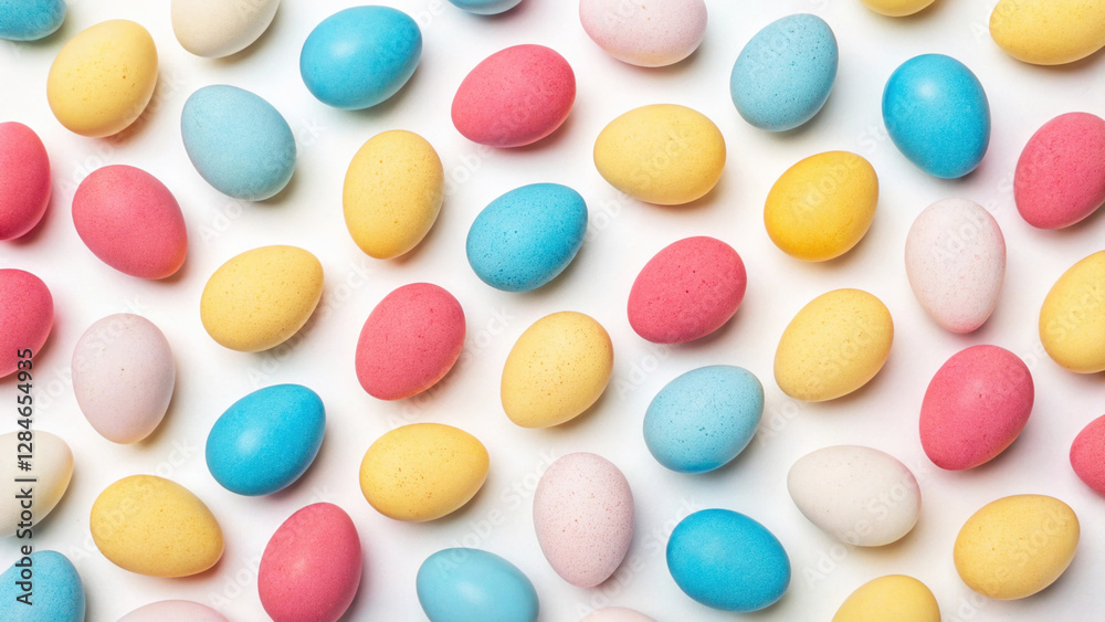 Colorful Easter eggs itop view on a white background, surrounded by mimosa, creating a festive spring vibe Colorful Easter eggs itop view on a white background, surrounded by mimosa, creating a festive spring vibe