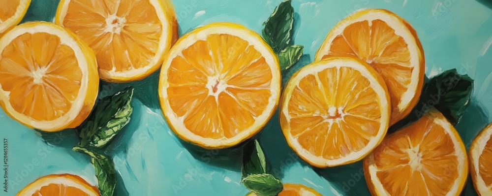 Vibrant sliced oranges and green leaves on turquoise background Vibrant sliced oranges and green leaves on turquoise background