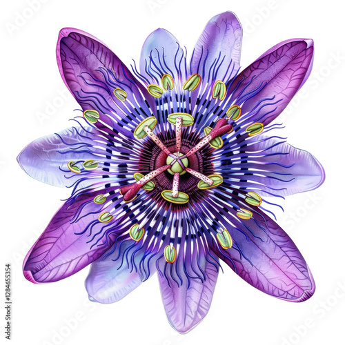vibrant purple passion flower with intricate details and vivid colors, showcasing its unique structure and beauty. This botanical illustration captures essence of nature artistry