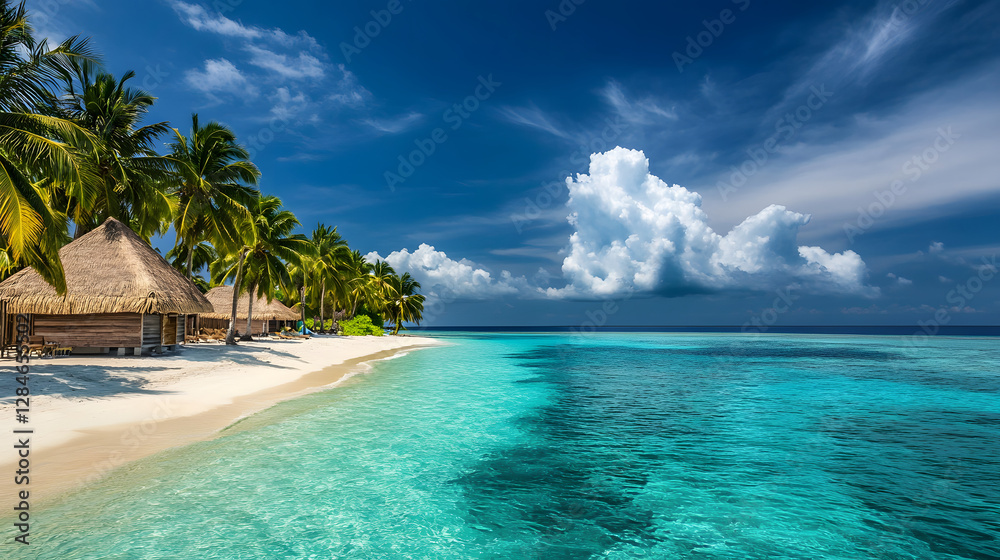 Fototapeta premium A stunning tropical beach with crystal clear turquoise waters, palm trees swaying in the breeze, and thatched-roof bungalows over the water 