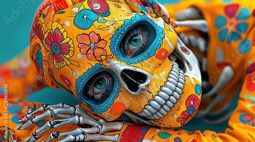 A beautifully decorated skeleton with vivid patterns and flowers rests on its arms, surrounded by bold colors against a bright blue backdrop, embodying the spirit of a lively cultural celebration.