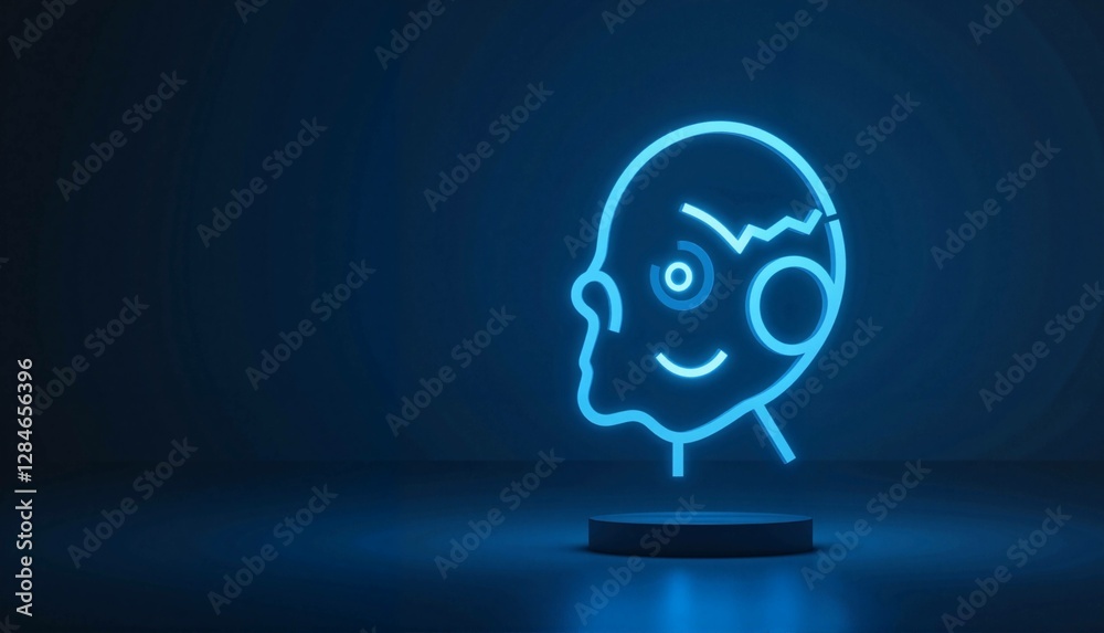Neon outline of a smiling humanoid face on dark background Neon outline of a smiling humanoid face on dark background