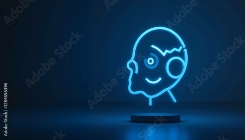 Neon outline of a smiling humanoid face on dark background