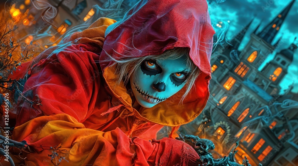 Fototapeta premium A captivating figure in a bright red and yellow hooded costume kneels among twisted branches, revealing eerie blue skin and striking makeup against the backdrop of an ominous mansion.