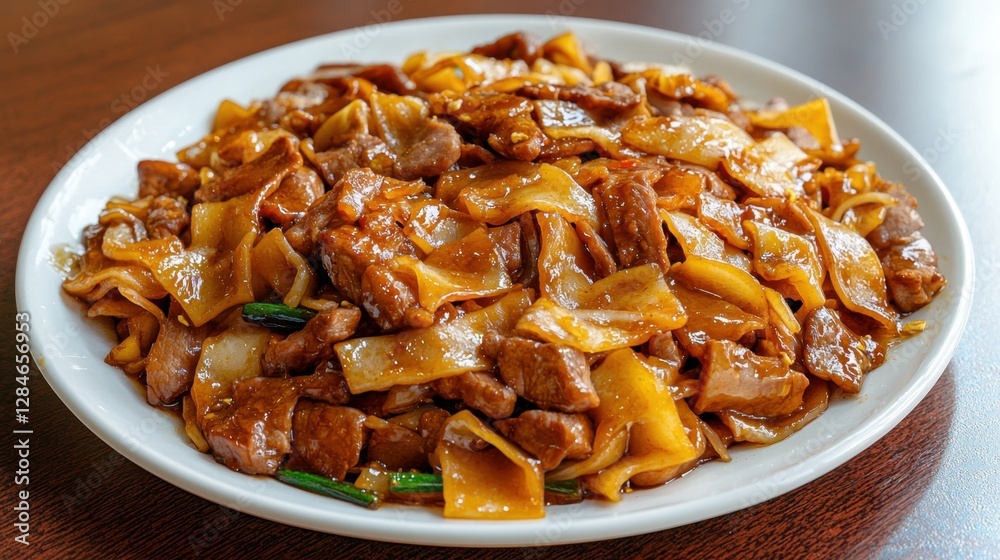 A plate of food with meat and noodles on it A plate of food with meat and noodles on it
