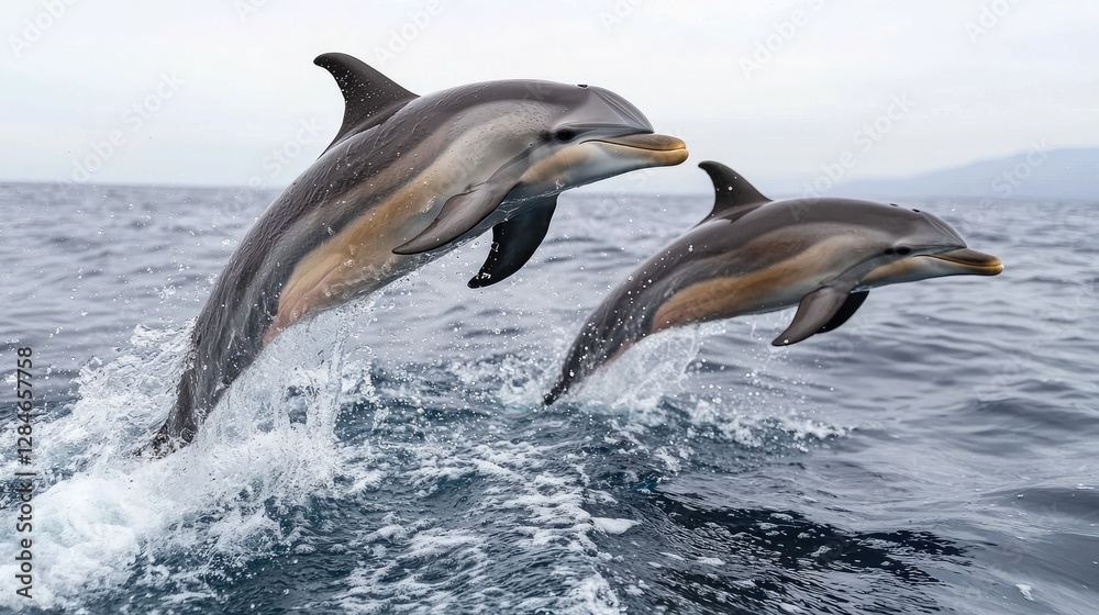 Fototapeta premium Two dolphins leaping in ocean waves. Possible stock photo use Nature wildlife image