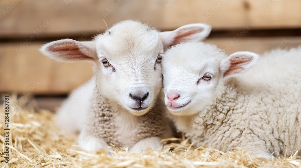 Endearing closeup of two adorable lambs resting together on straw in a cozy barn : Generative AI Endearing closeup of two adorable lambs resting together on straw in a cozy barn : Generative AI