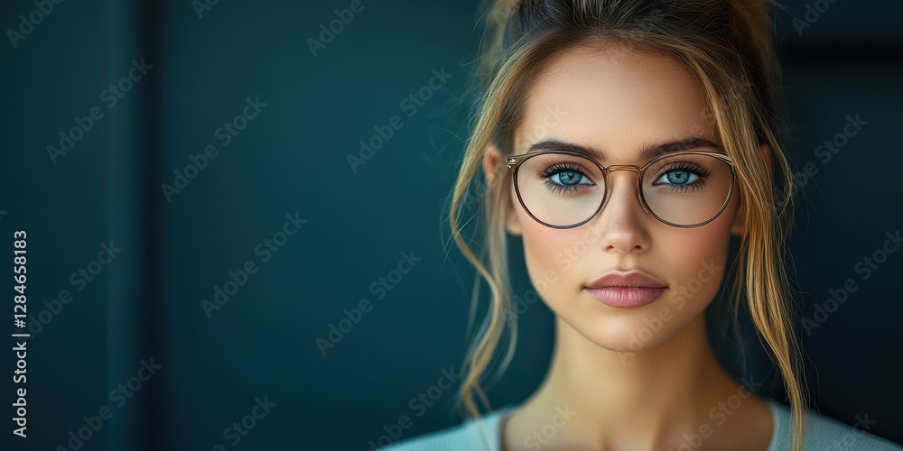 Young woman with blue eyes and glasses poses in a modern indoor setting with a stylish background Young woman with blue eyes and glasses poses in a modern indoor setting with a stylish background