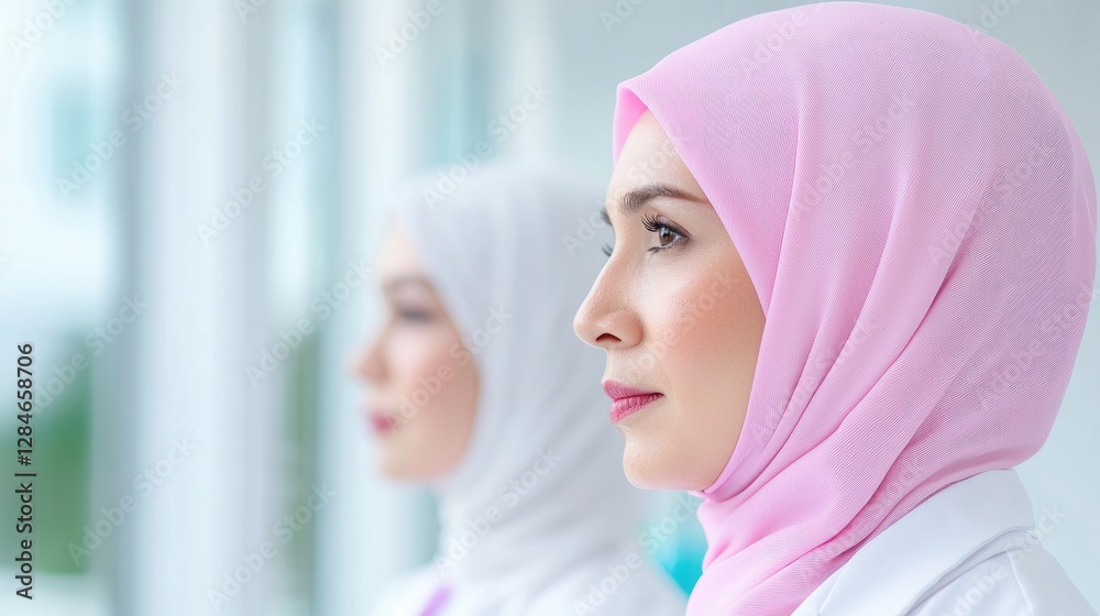 Two Muslim women doctors in profile, office background, healthcare Two Muslim women doctors in profile, office background, healthcare