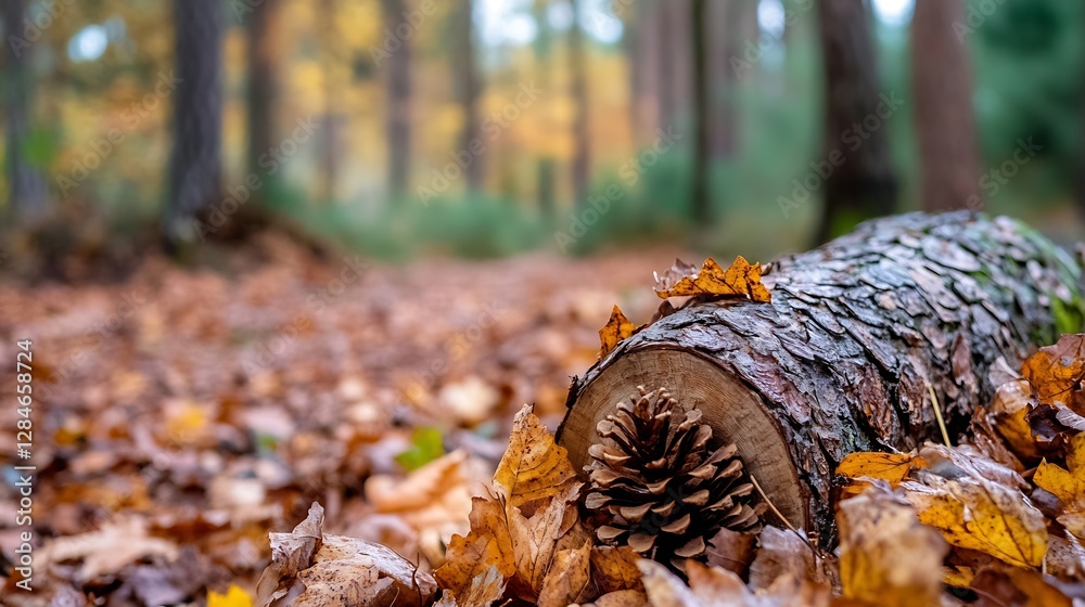 Fototapeta premium Serene forest scene with fallen leaves showcasing a pine cone on a log in vibrant autumn colors : Generative AI