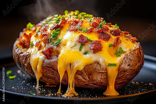 Cheesy Jacket Potato Overflowing with Melted Cheese, Piled High with Gooey, Indulgent Cheese Cascading Down the Sides, Creating a Rich, Cheesy Blanket