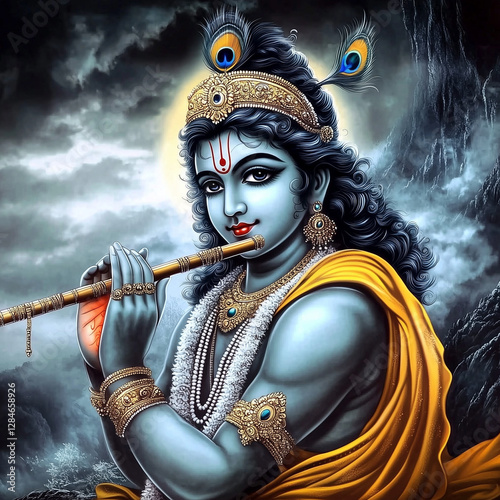 A detailed image of Lord Krishna, a central figure in Hindu mythology, set against a backdrop of a serene night sky.  photo